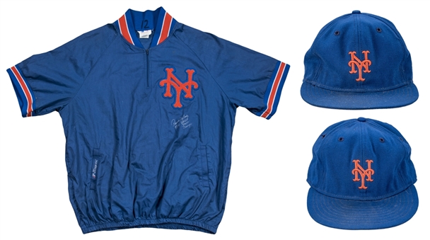 Lot of (3) 1985-1989 Ron Darling Game Used & Signed New York Mets Pullover Jacket & Caps (Beckett)